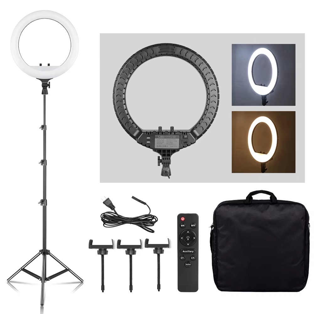 Webcam Ring Light - SH 18インチノブリングライトLEDセルフィービデオランプ、三脚スタンド、スマホクリップ付き、YouTubeライブ照明、写真撮影スタジオ用
