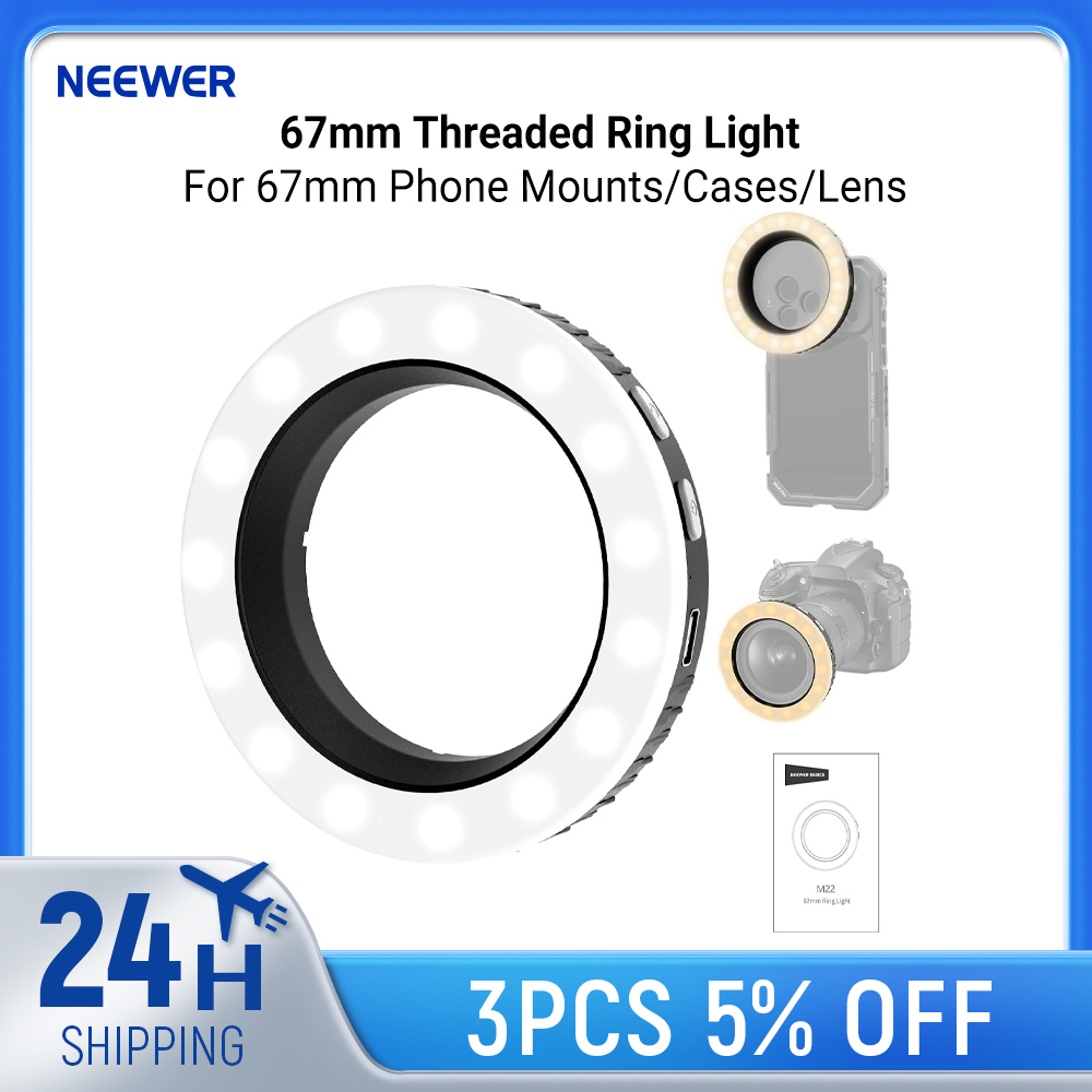 Webcam Ring Light - NEEWER Basics 67mmネジ式リングライト（67mmスマホマウント/ケース/レンズ用）、充電式バイカラーLEDセルフィー写真撮影用フィルライト