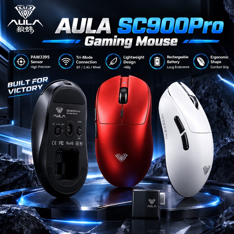 Esports In Gaming - AULA SC900Pro ゲーミングマウス。PAW3395センサー搭載。トリプルモード（ワイヤレス、Bluetooth、2.4GHz有線）対応。26000DPI、8Kポーリングレート。軽量設計で、eスポーツに最適。