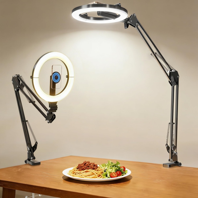Webcam Ring Light - 10インチリングライト付き磁気オーバーヘッドフォンマウント、5000mAhフレキシブル関節式サークルランプテーブル三脚、ビデオ録画、料理、ネイル、Zoom会議用の電話スタンド