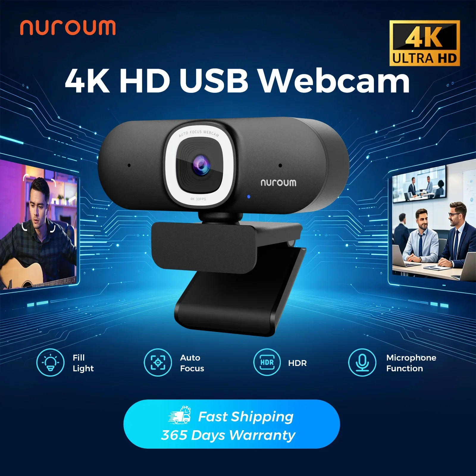 Webcam Ring Light - NUROUM V32AFL 4K ウェブカメラ（マイク、オートフォーカス、オートフレーミング、リングライト付き） PC用USBプラグアンドプレイ、会議、ライブストリーミングに最適